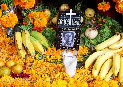 Flowers and fruit on a Dia de Muertos ofrenda